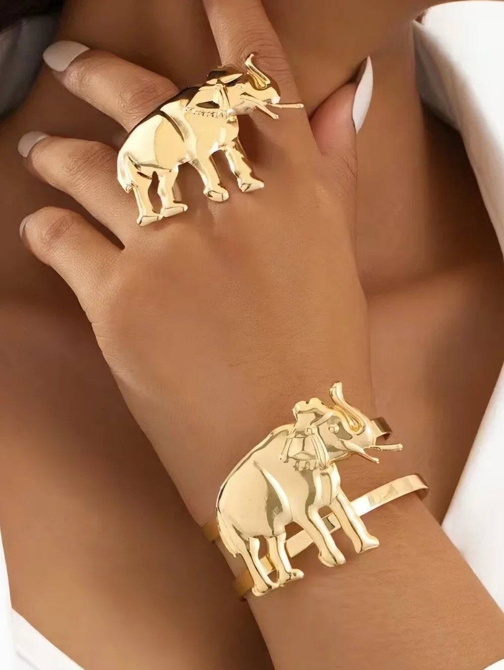 JEWELRY SET Vermeil Gold   Elephant Bangle &Ring  1 Size